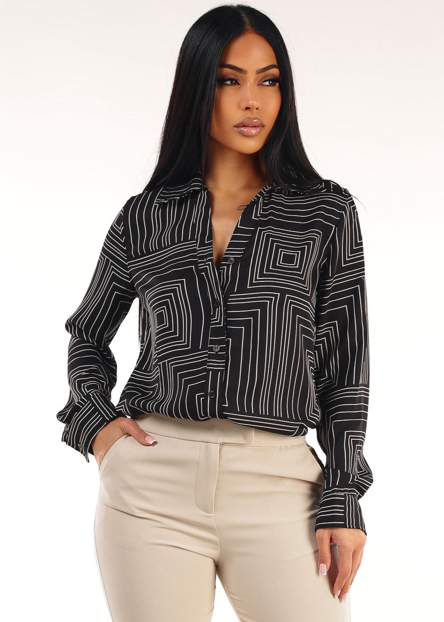Black Long Sleeve Button Up Printed Collared Blouse