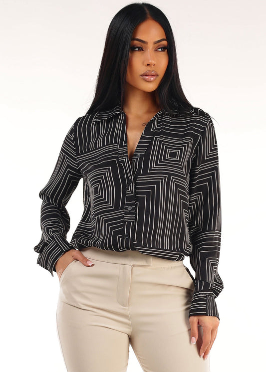 Black Long Sleeve Button Up Printed Collared Blouse