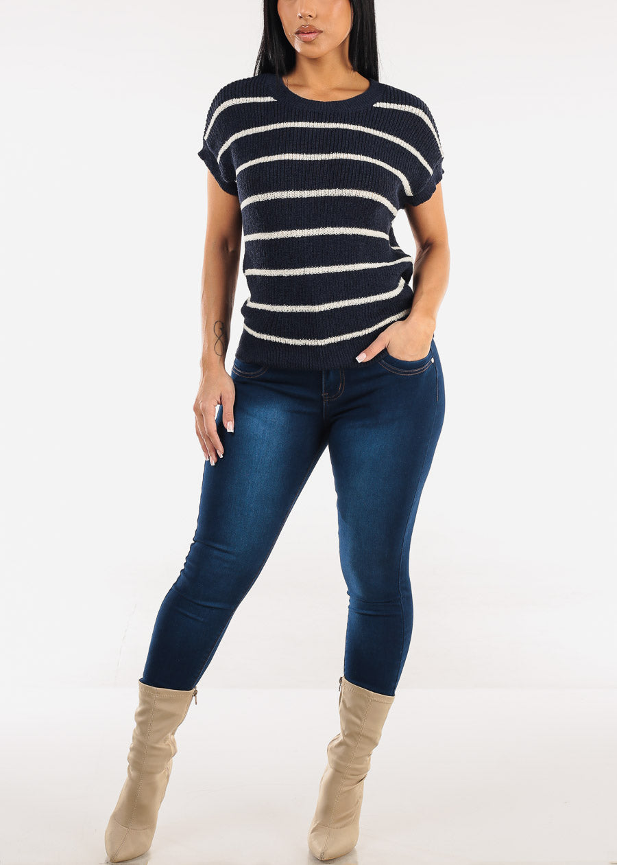 Short Sleeve Stripe Knit Sweater Top Navy