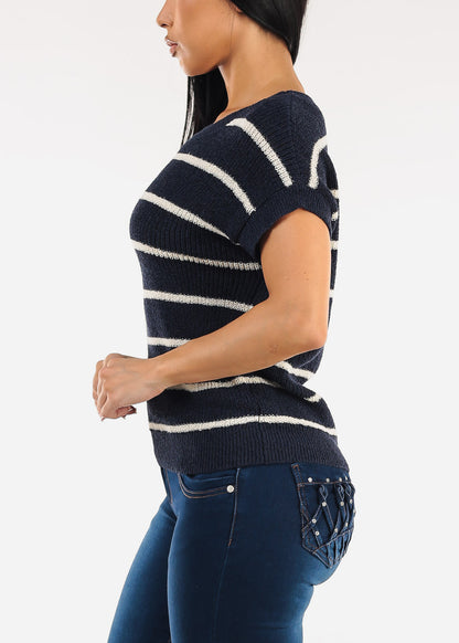 Short Sleeve Stripe Knit Sweater Top Navy