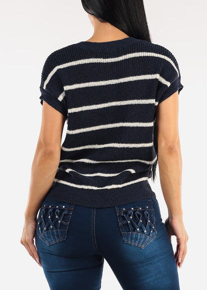 Short Sleeve Stripe Knit Sweater Top Navy