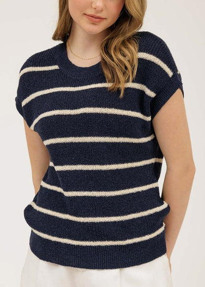 Short Sleeve Stripe Knit Sweater Top Navy