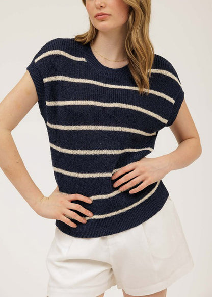 Short Sleeve Stripe Knit Sweater Top Navy