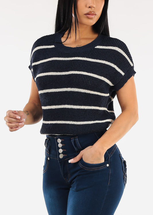 Short Sleeve Stripe Knit Sweater Top Navy