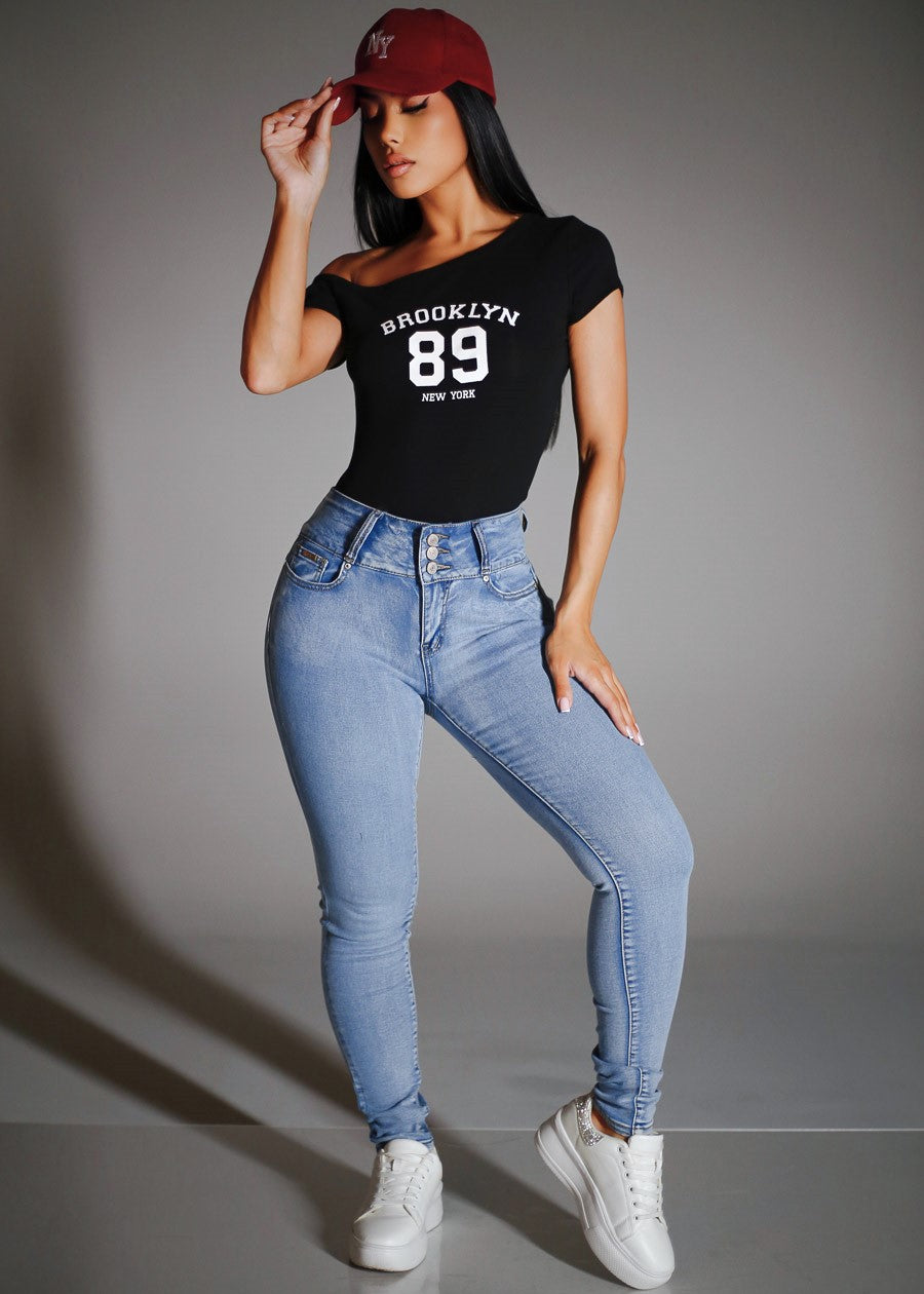 Asymmetrical Neckline Stretch Graphic Top Black 