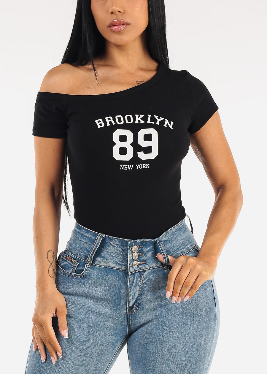 Asymmetrical Neckline Stretch Graphic Top Black 