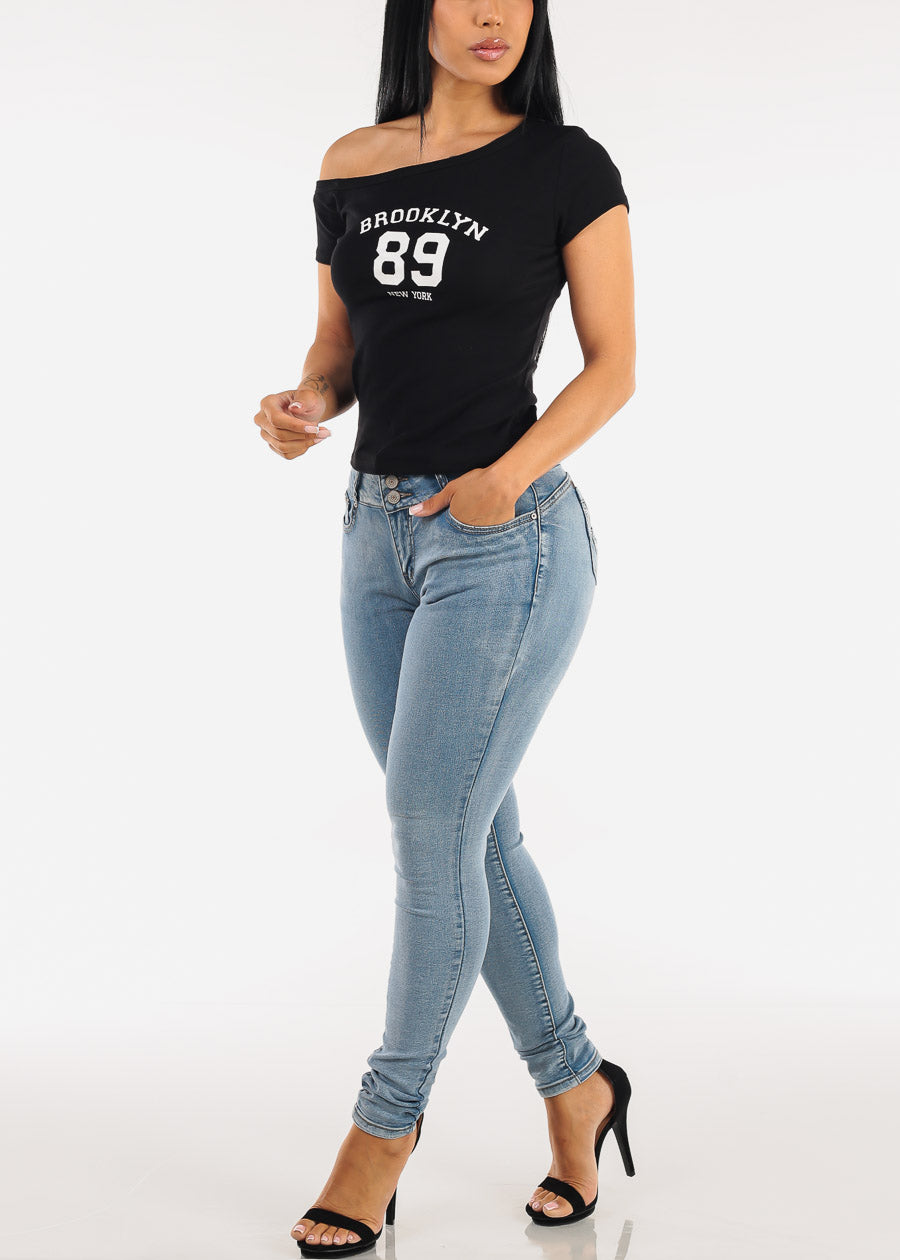 Asymmetrical Neckline Stretch Graphic Top Black 
