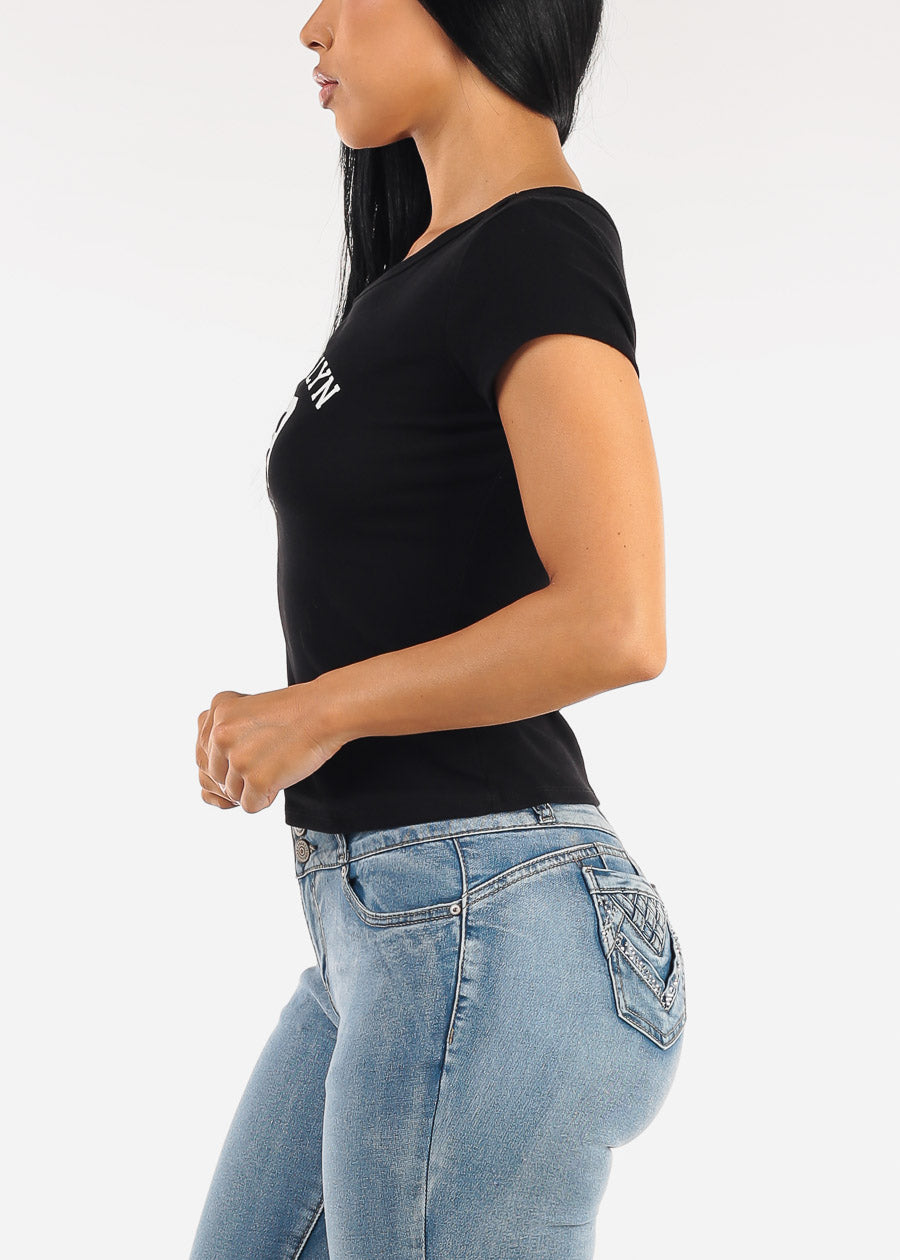 Asymmetrical Neckline Stretch Graphic Top Black 