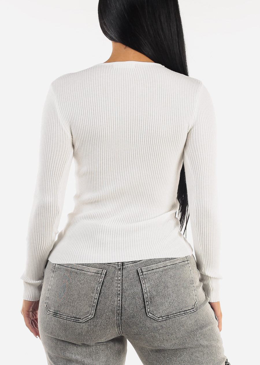 White Long Sleeve Vneck Ribbed Sweater