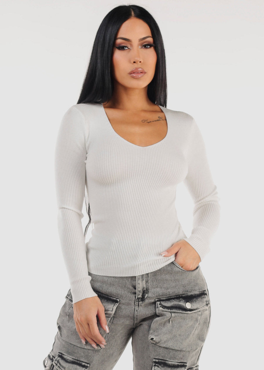 White Long Sleeve Vneck Ribbed Sweater