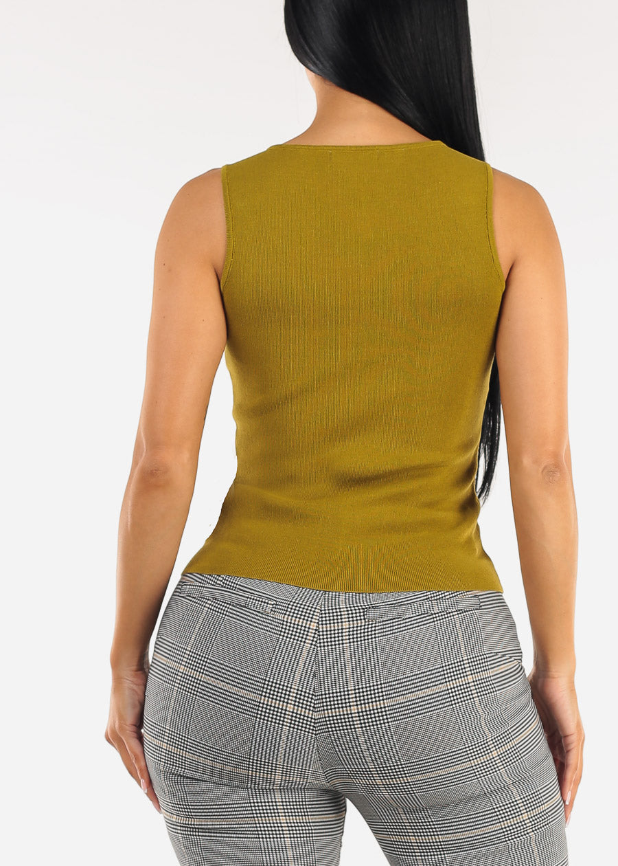 Square Neck Sleeveless Stretch Knit Top Olive