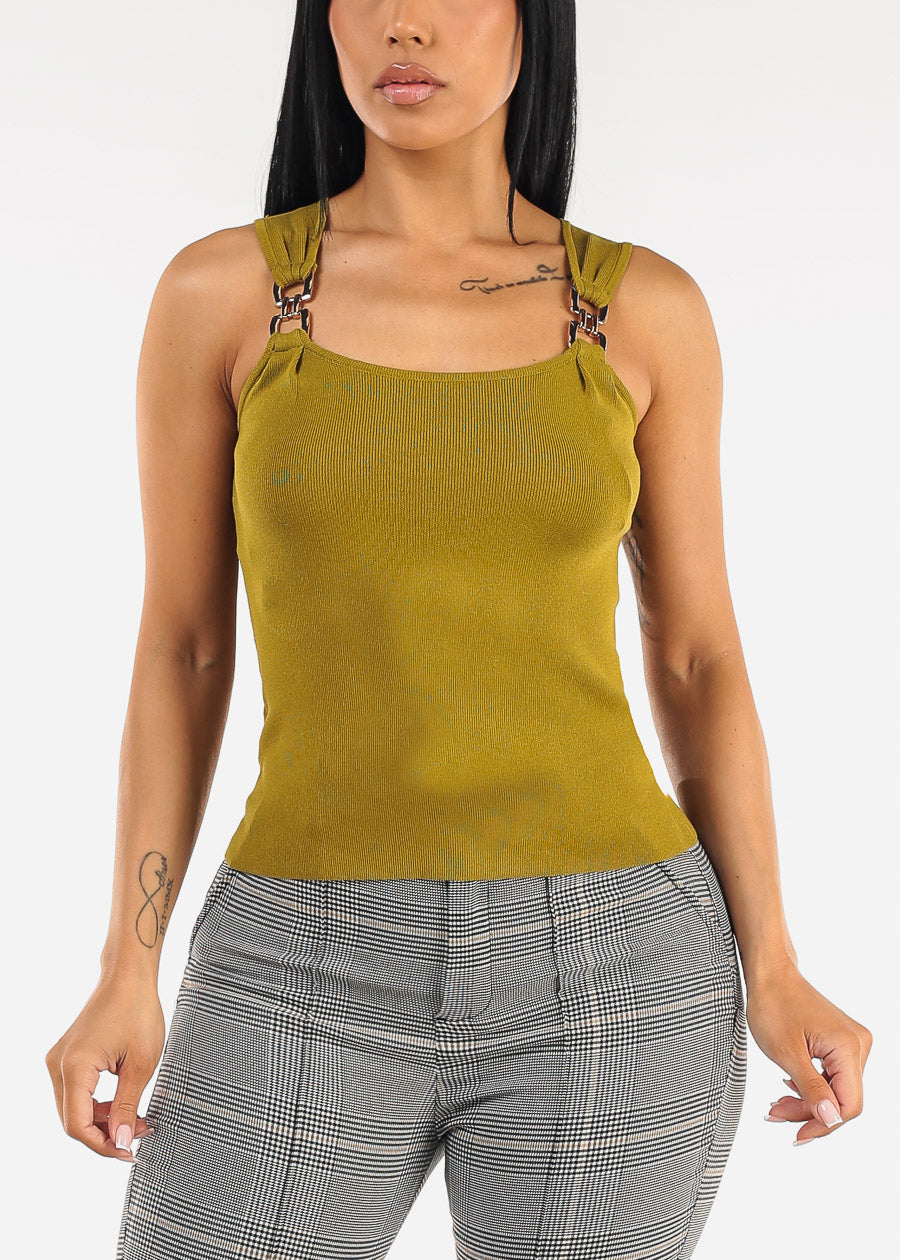 Square Neck Sleeveless Stretch Knit Top Olive