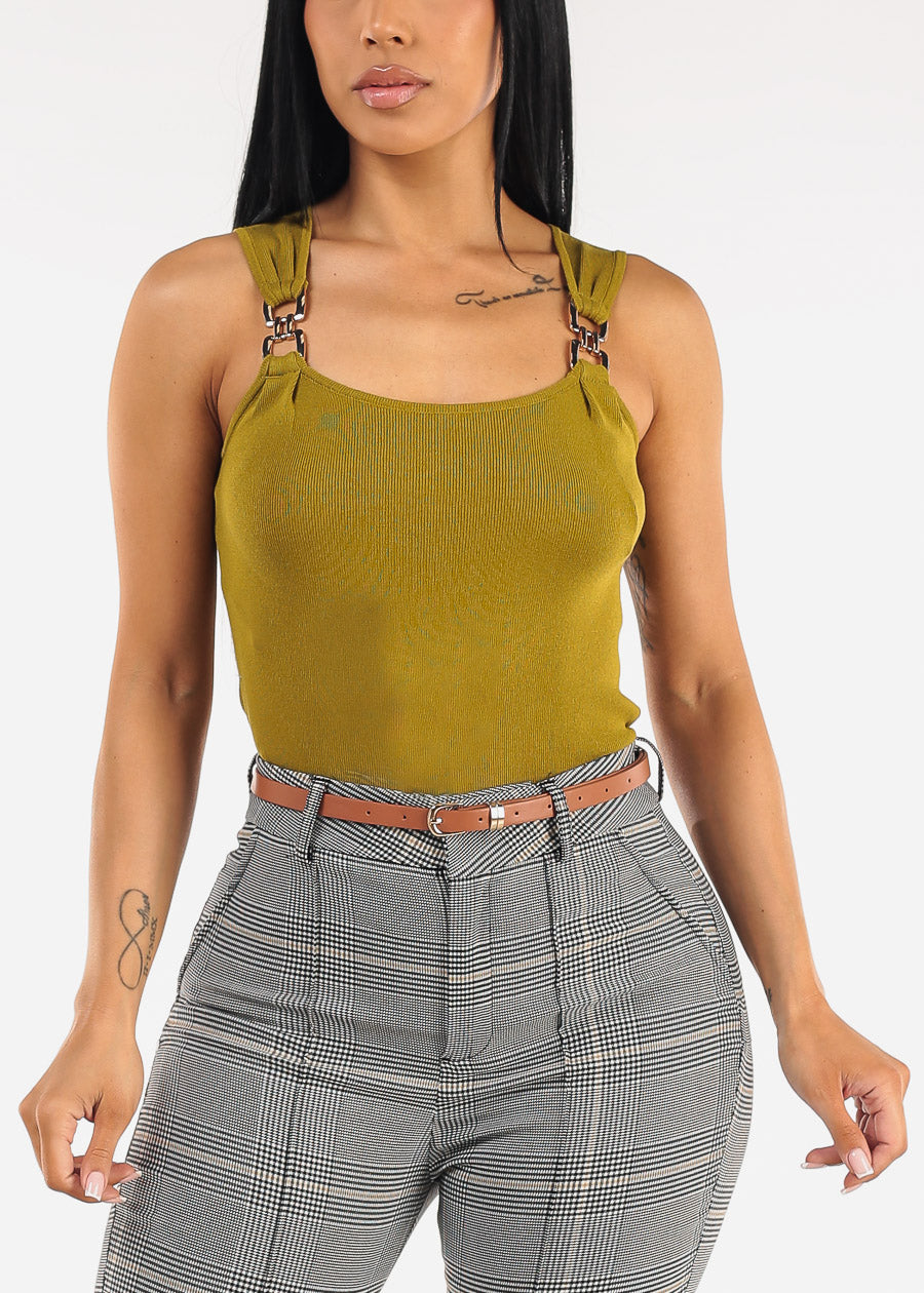 Square Neck Sleeveless Stretch Knit Top Olive