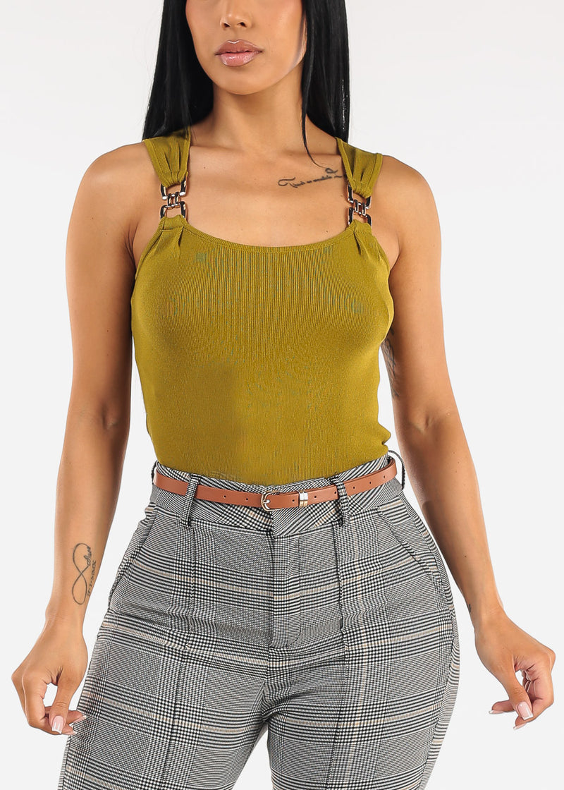 Square Neck Sleeveless Stretch Knit Top Olive