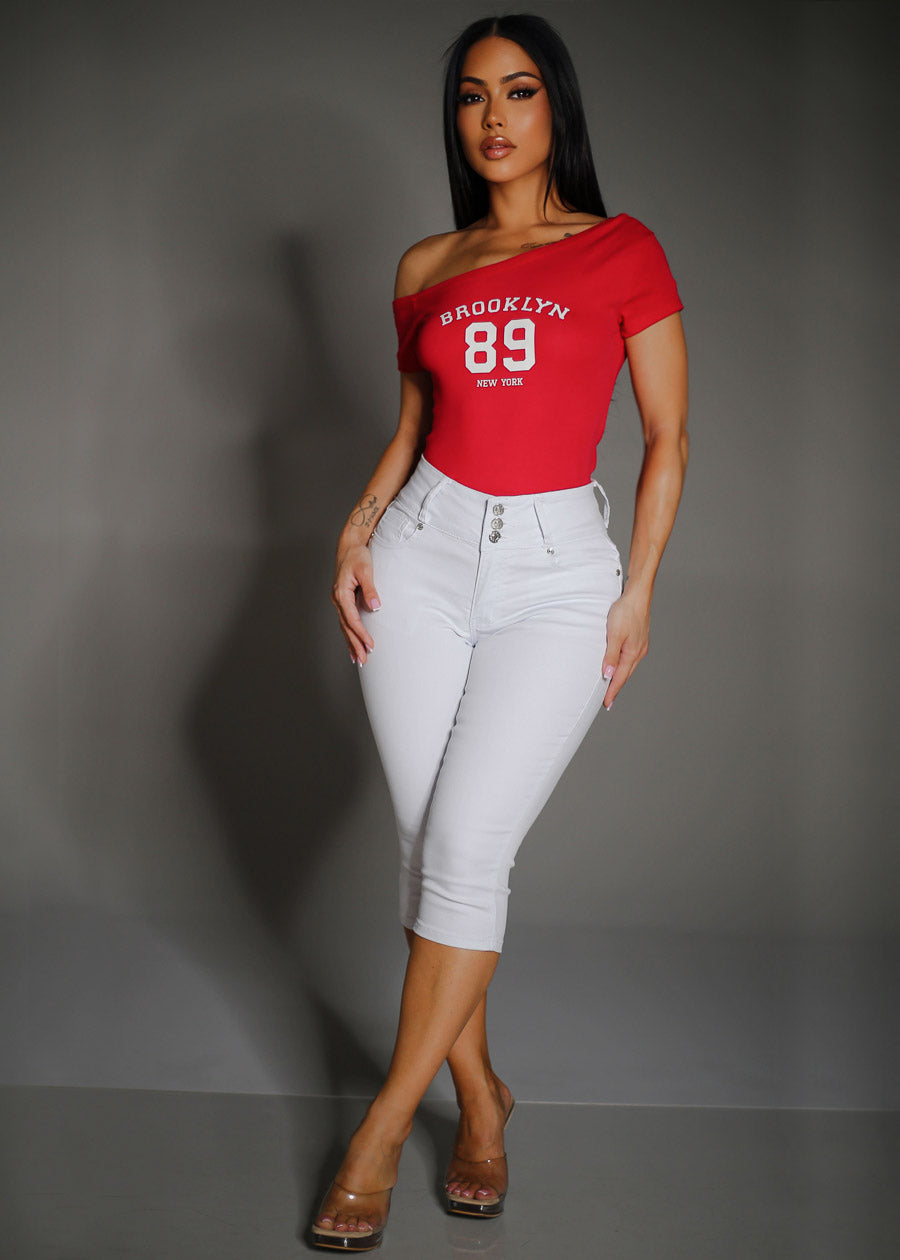 Asymmetrical Neckline Stretch Graphic Top Red 