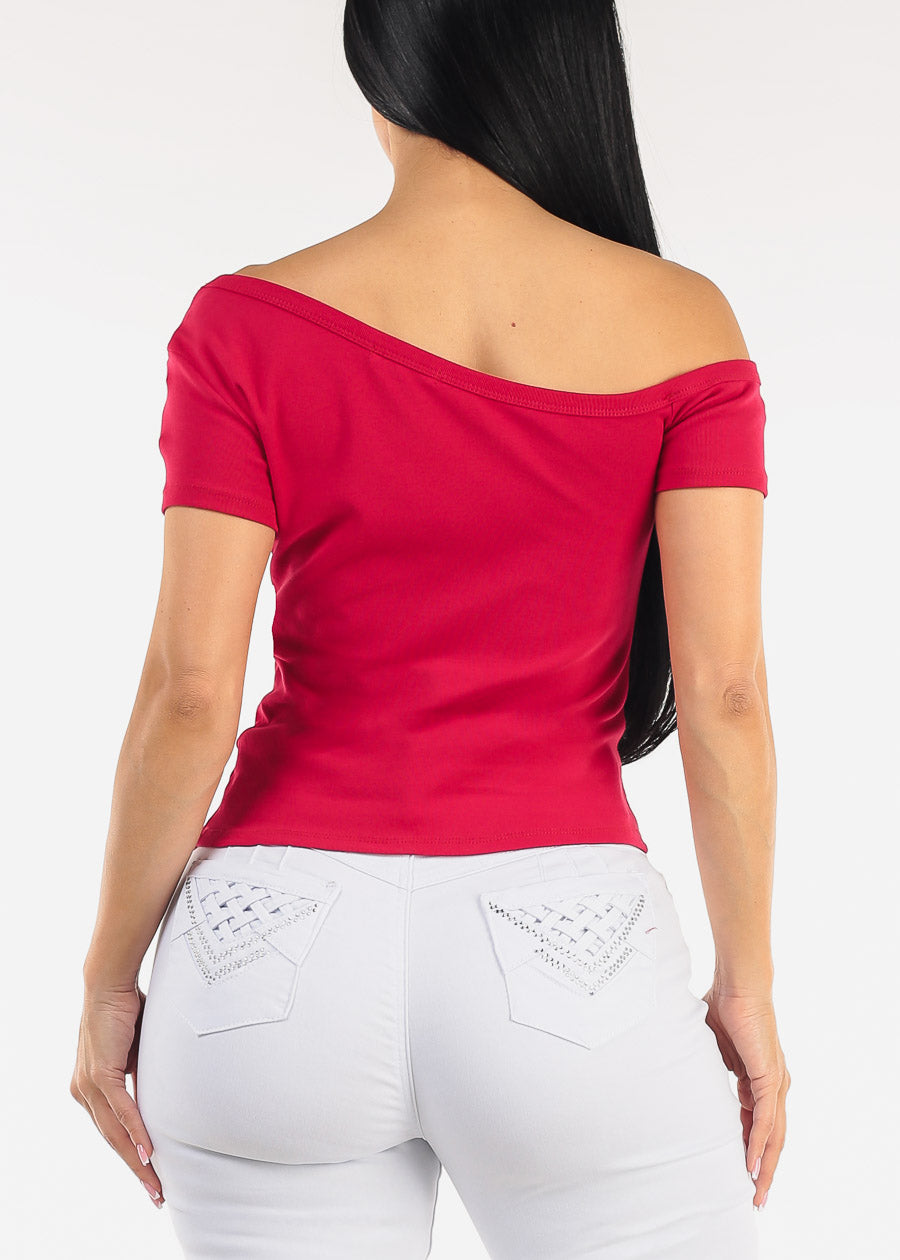Asymmetrical Neckline Stretch Graphic Top Red 