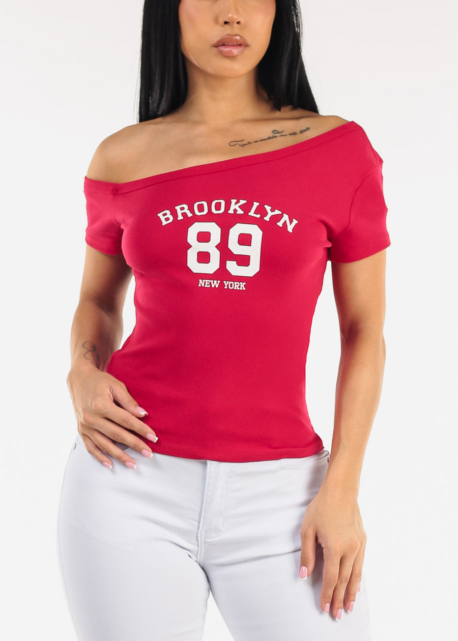 Asymmetrical Neckline Stretch Graphic Top Red 