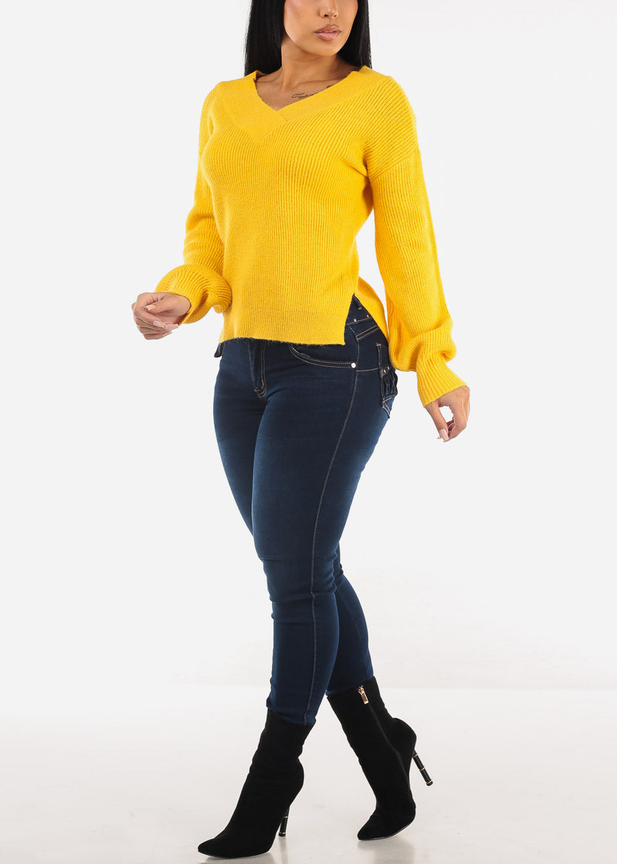 V-Neck Long Sleeve Knitted Sweater Yellow