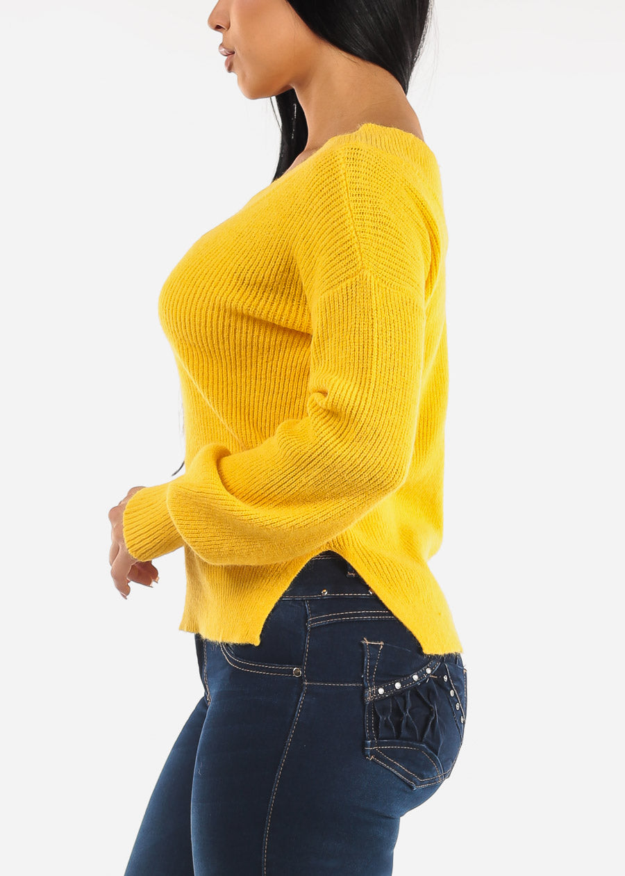 V-Neck Long Sleeve Knitted Sweater Yellow