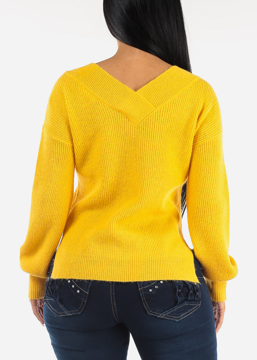 V-Neck Long Sleeve Knitted Sweater Yellow