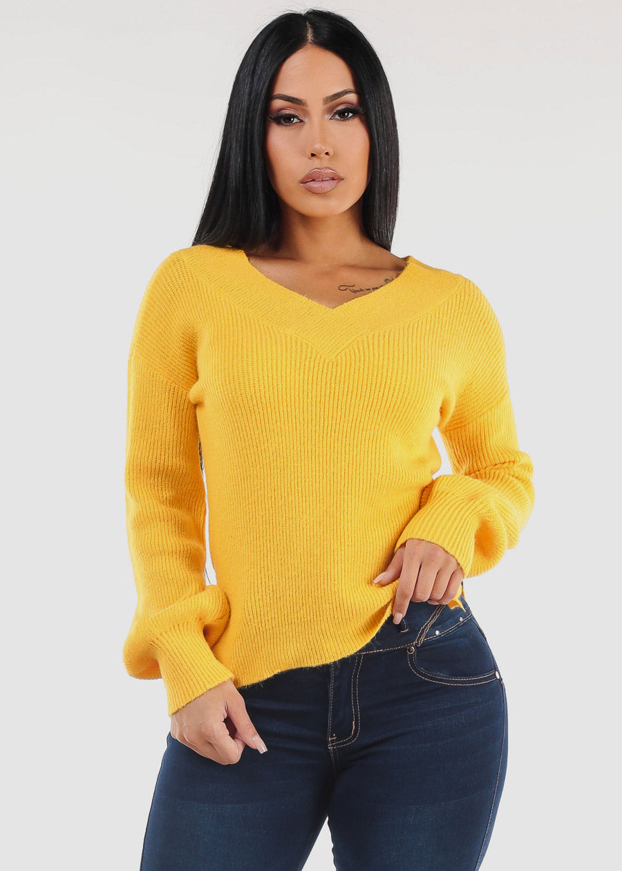 V-Neck Long Sleeve Knitted Sweater Yellow