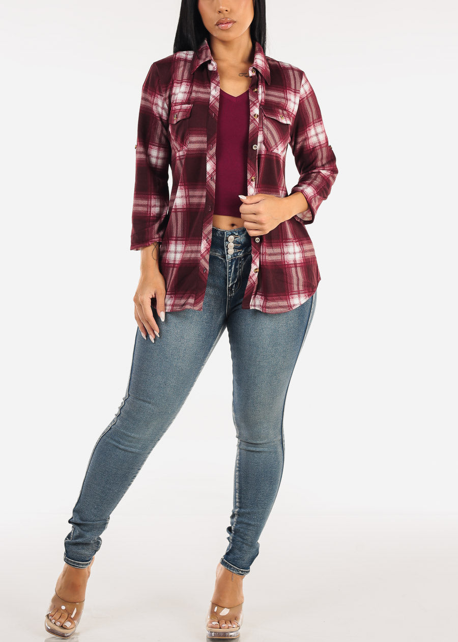 Stretch Short Sleeve Vneck Crop Top Burgundy