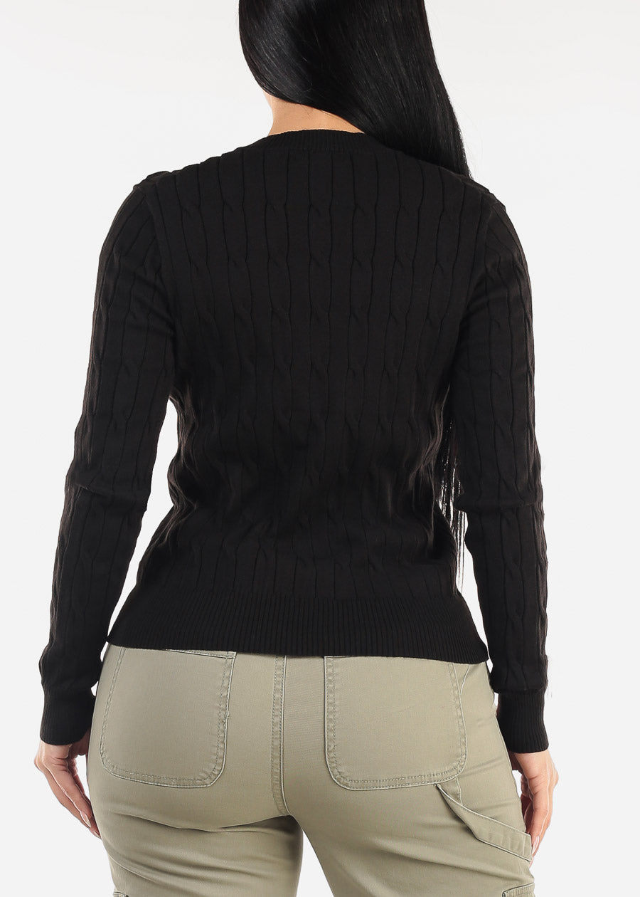 Long Sleeve Crewneck Cable Knit Sweater Black