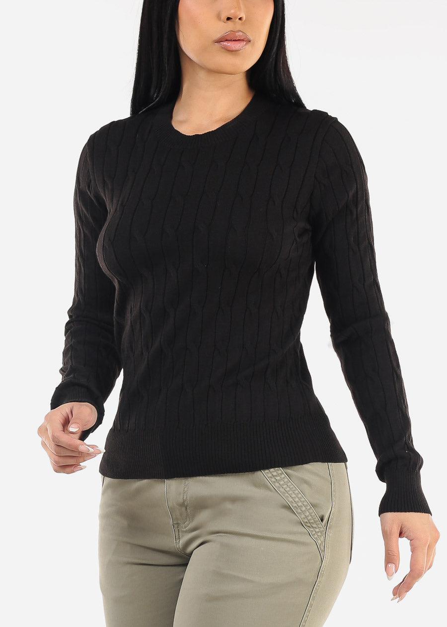 Long Sleeve Crewneck Cable Knit Sweater Black