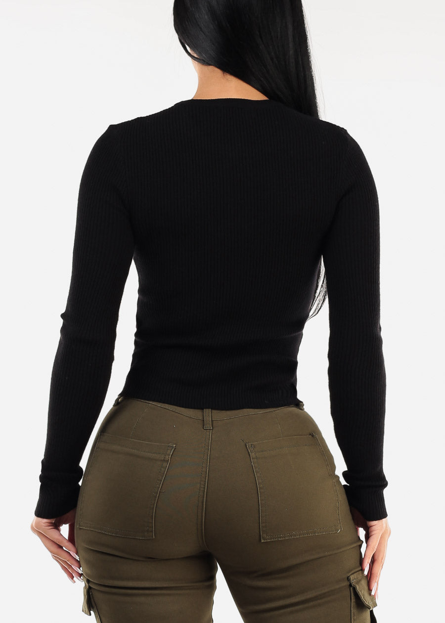 Long Sleeve Black Crewneck Ribbed Sweater