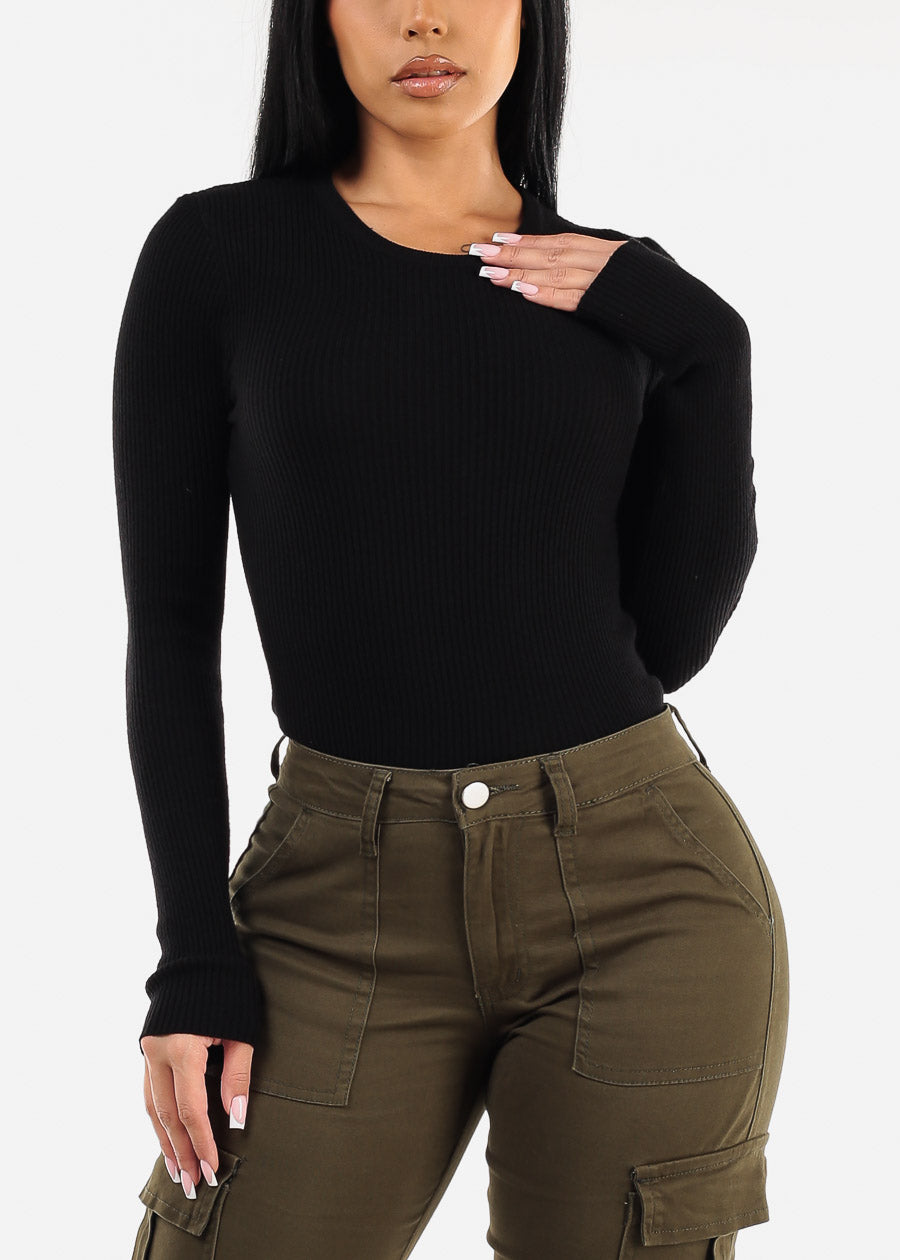 Long Sleeve Black Crewneck Ribbed Sweater