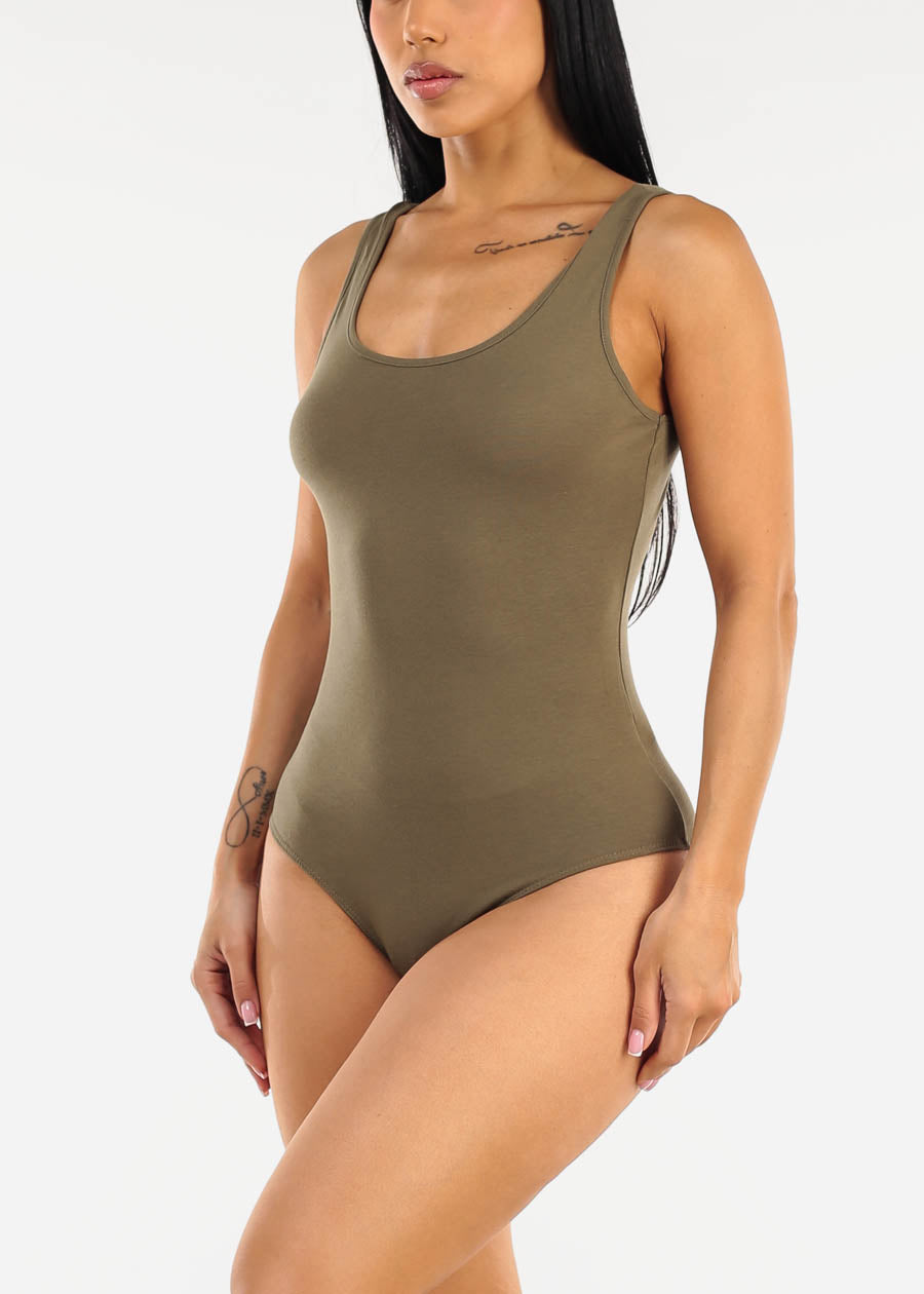 Sleeveless Scoop Neck Stretch Bodysuit Olive