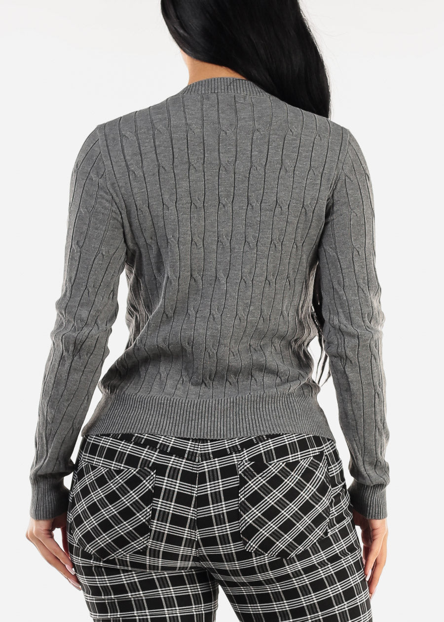 Long Sleeve Crewneck Cable Knit Sweater Charcoal