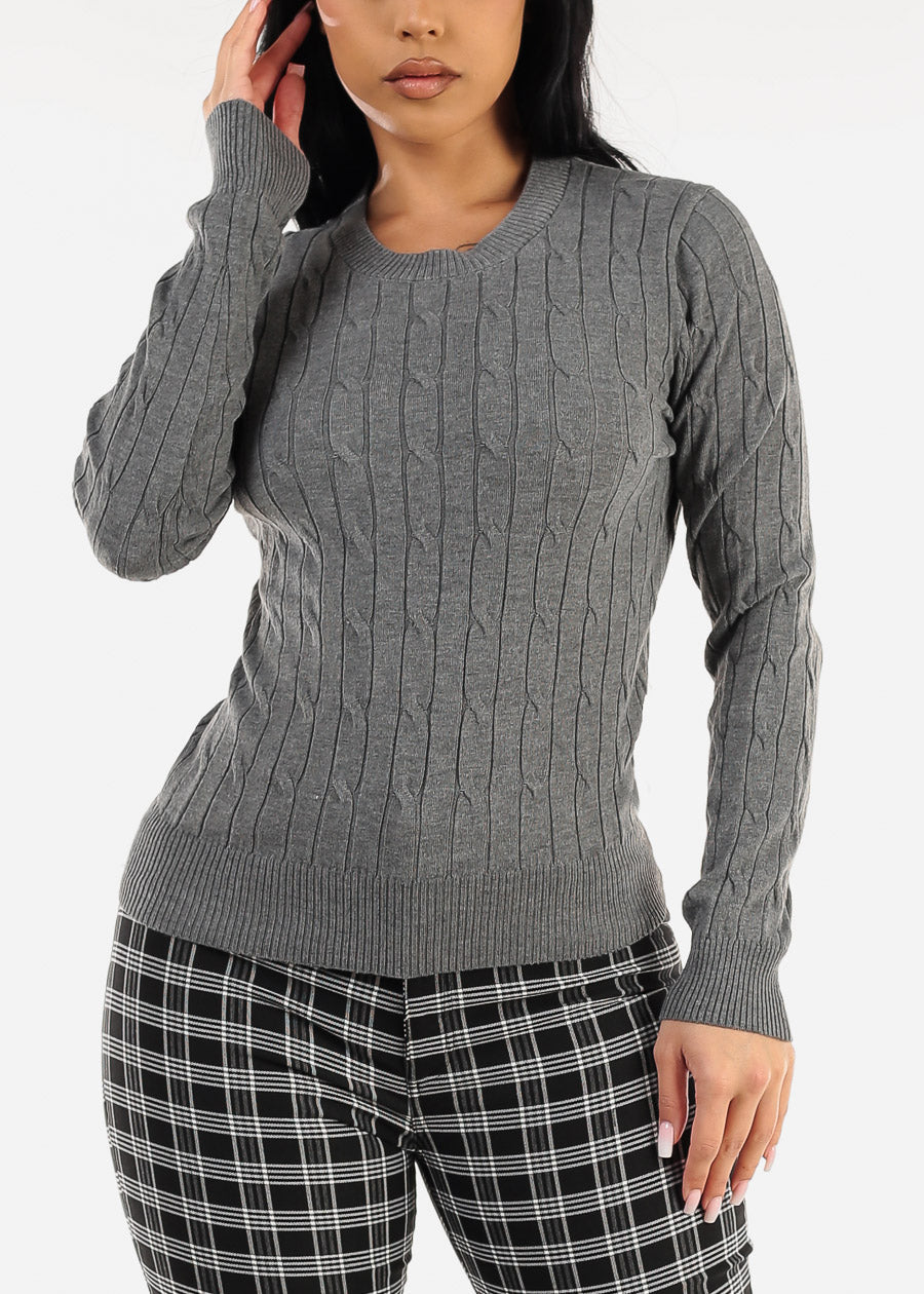 Long Sleeve Crewneck Cable Knit Sweater Charcoal