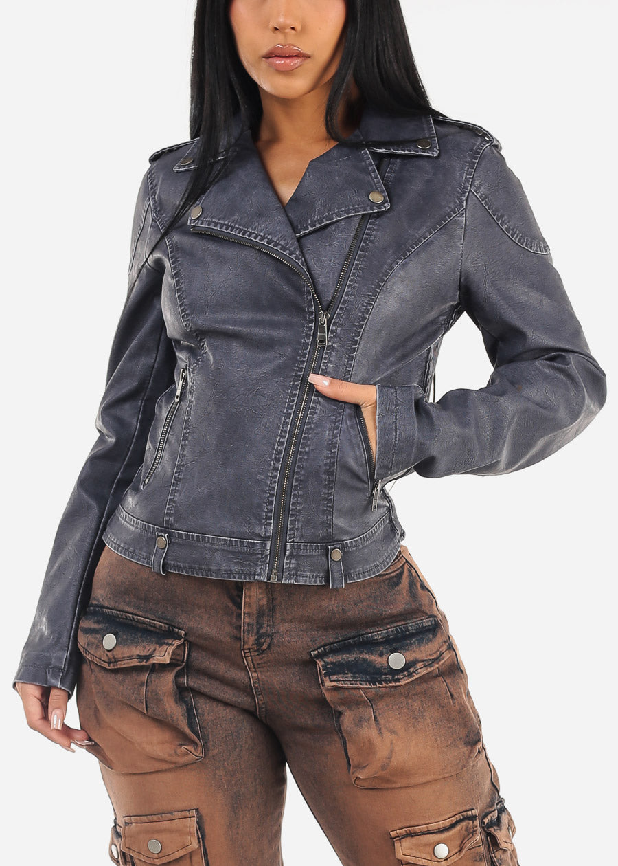 Long Sleeve Vegan Leather Moto Jacket Slate Blue