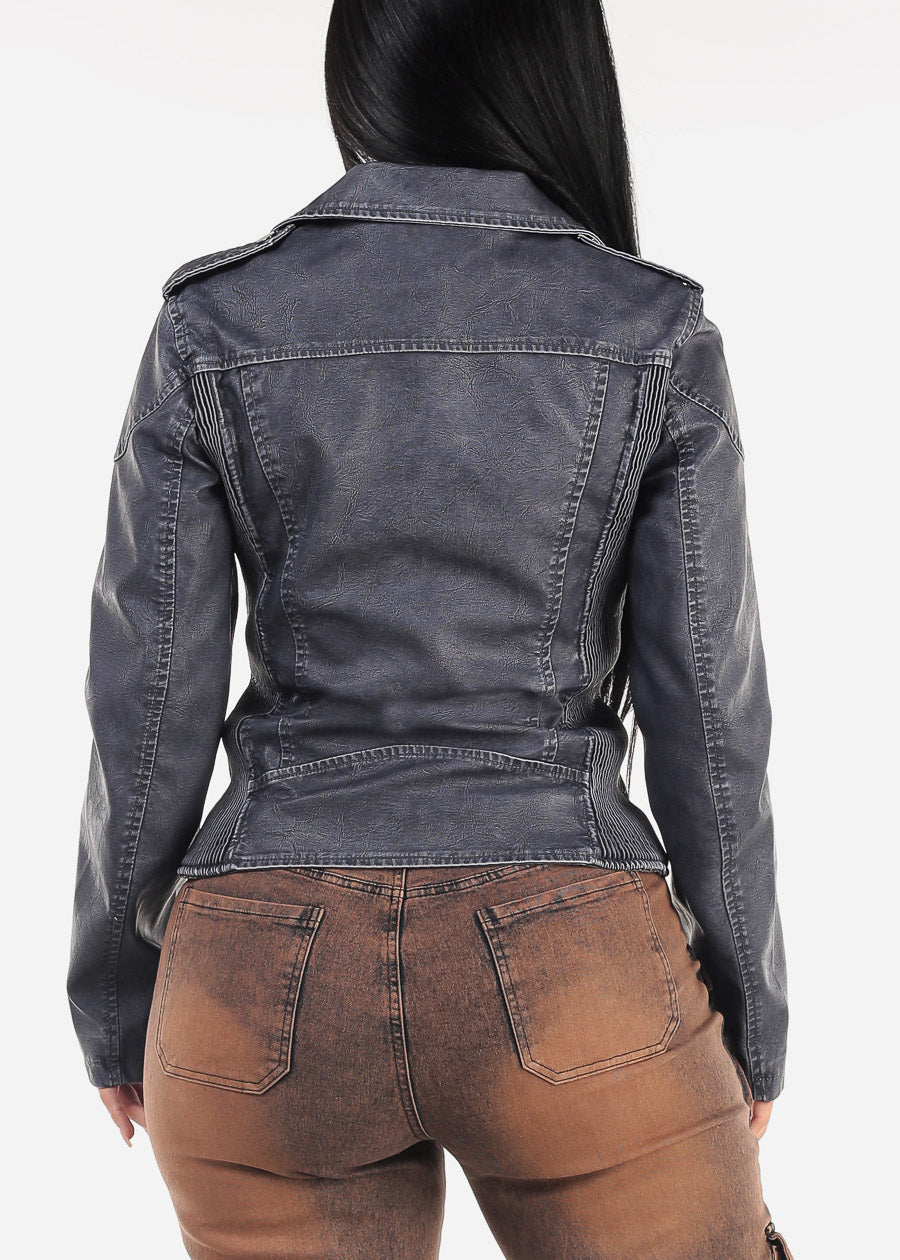 Long Sleeve Vegan Leather Moto Jacket Slate Blue