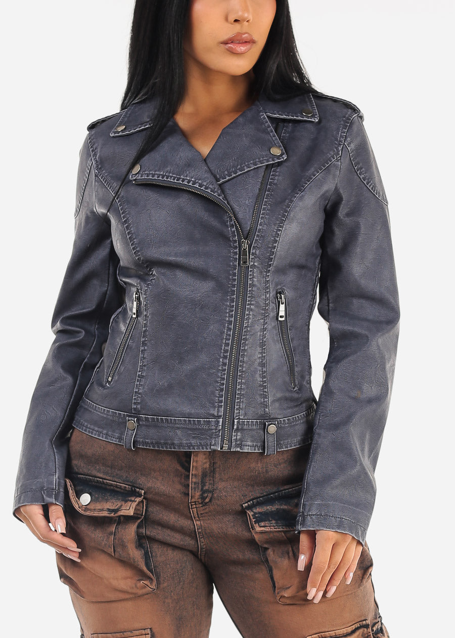 Long Sleeve Vegan Leather Moto Jacket Slate Blue