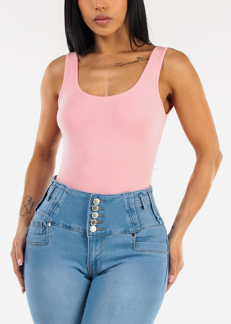Sleeveless Scoop Neck Stretch Bodysuit Light Pink