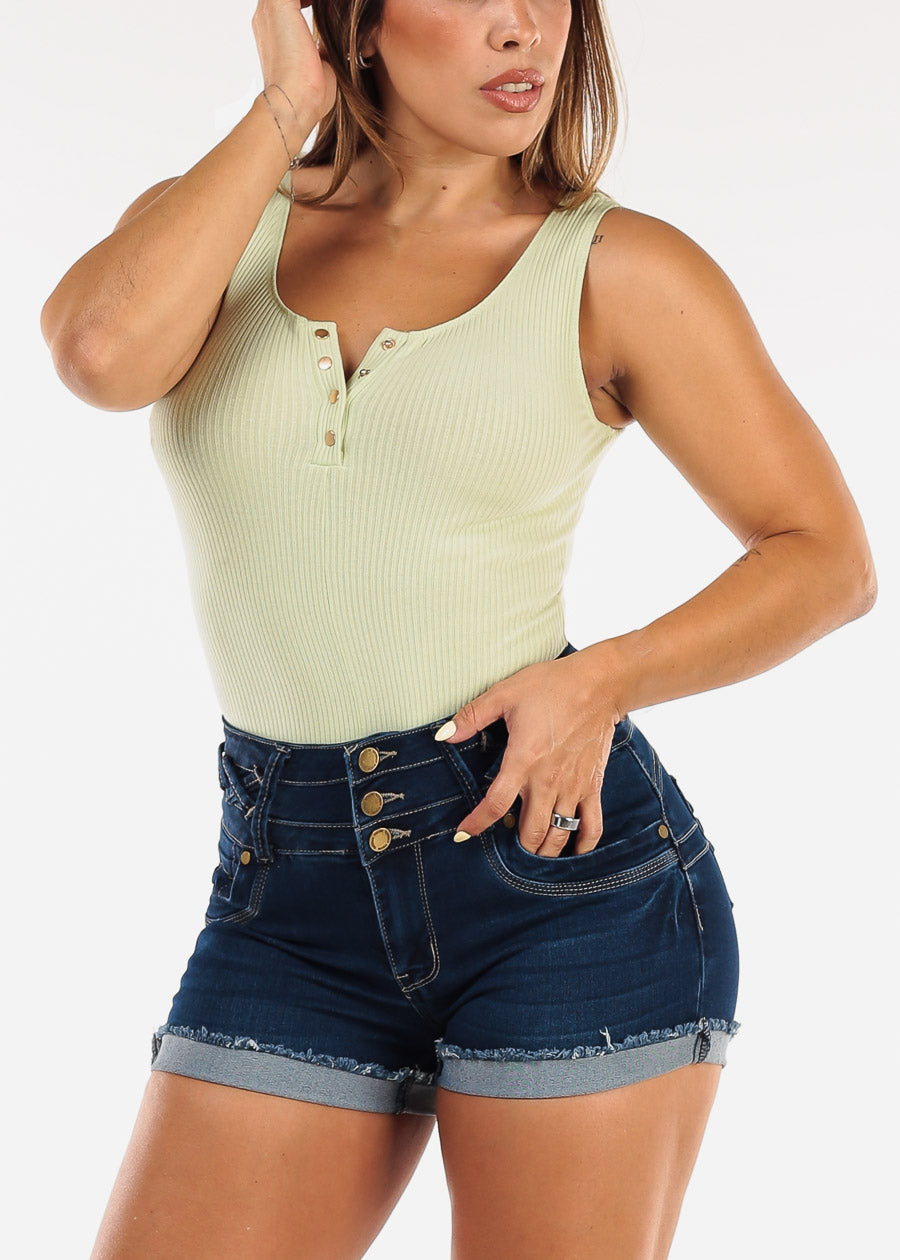 Henley Sleeveless Ribbed Stretch Bodysuit Light Green