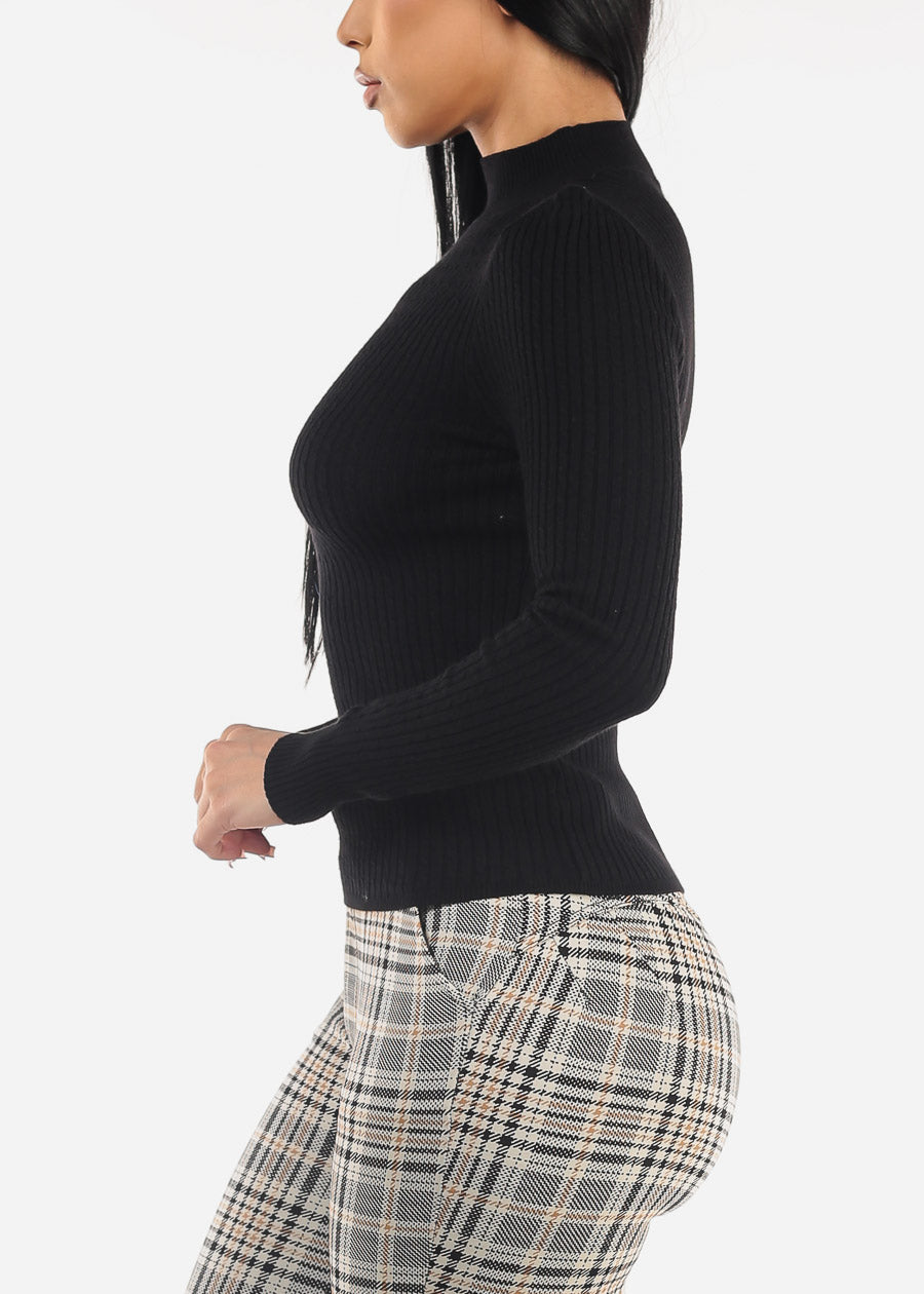 Black Long Sleeve Mock Neck Ribbed Sweater