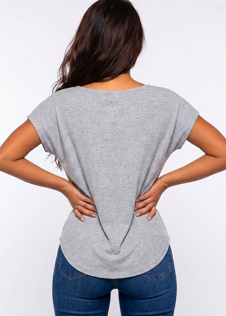 Stretchy Cap Sleeve Round Neck Ribbed Top Grey