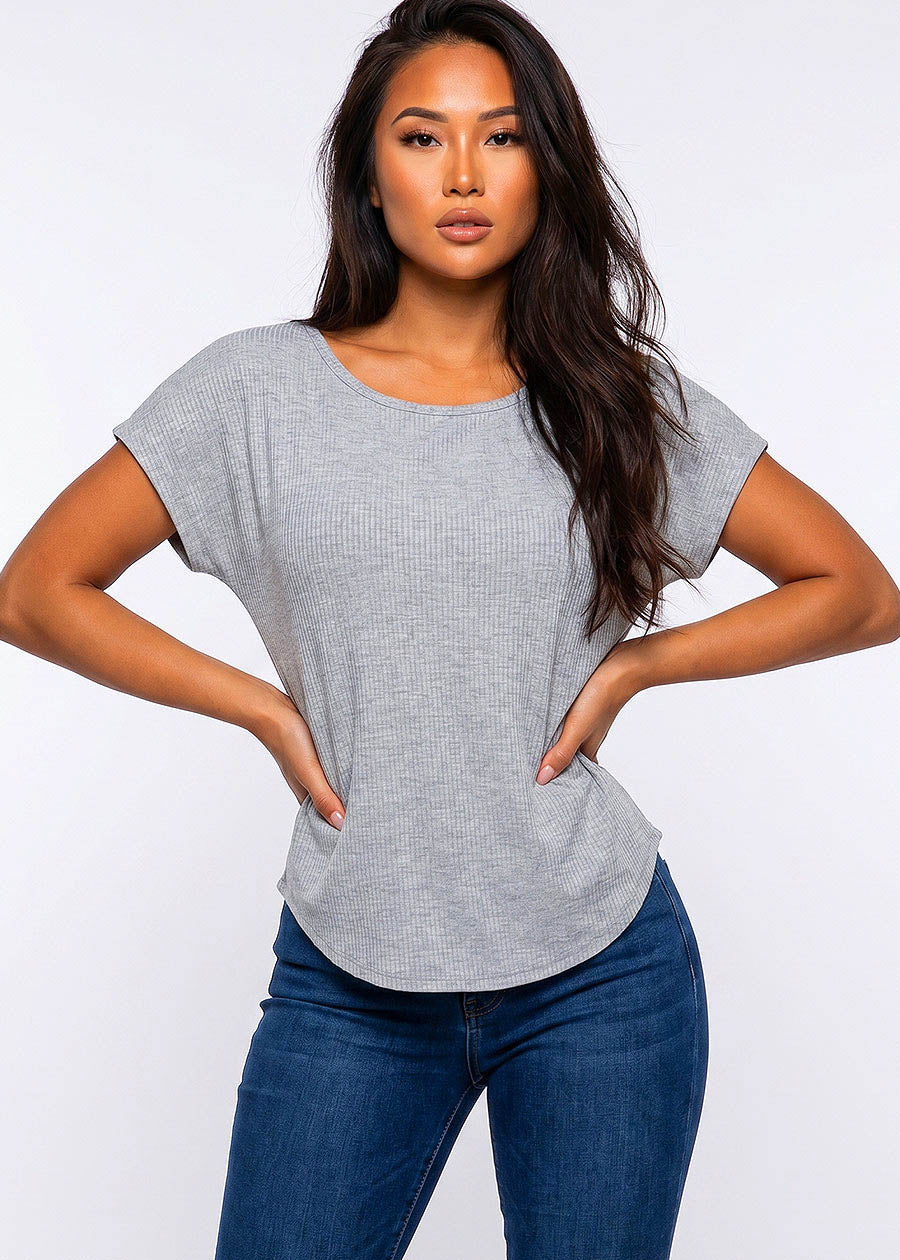Stretchy Cap Sleeve Round Neck Ribbed Top Grey