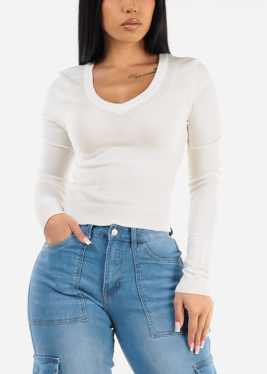 Long Sleeve White Vneck Sweater