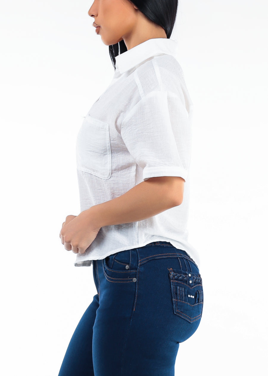 Short Sleeve Button Up Linen Style Blouse Off White