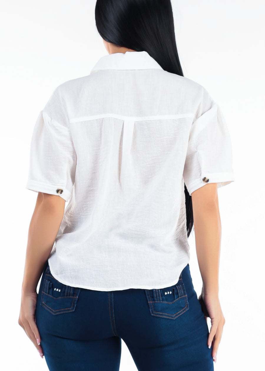 Short Sleeve Button Up Linen Style Blouse Off White