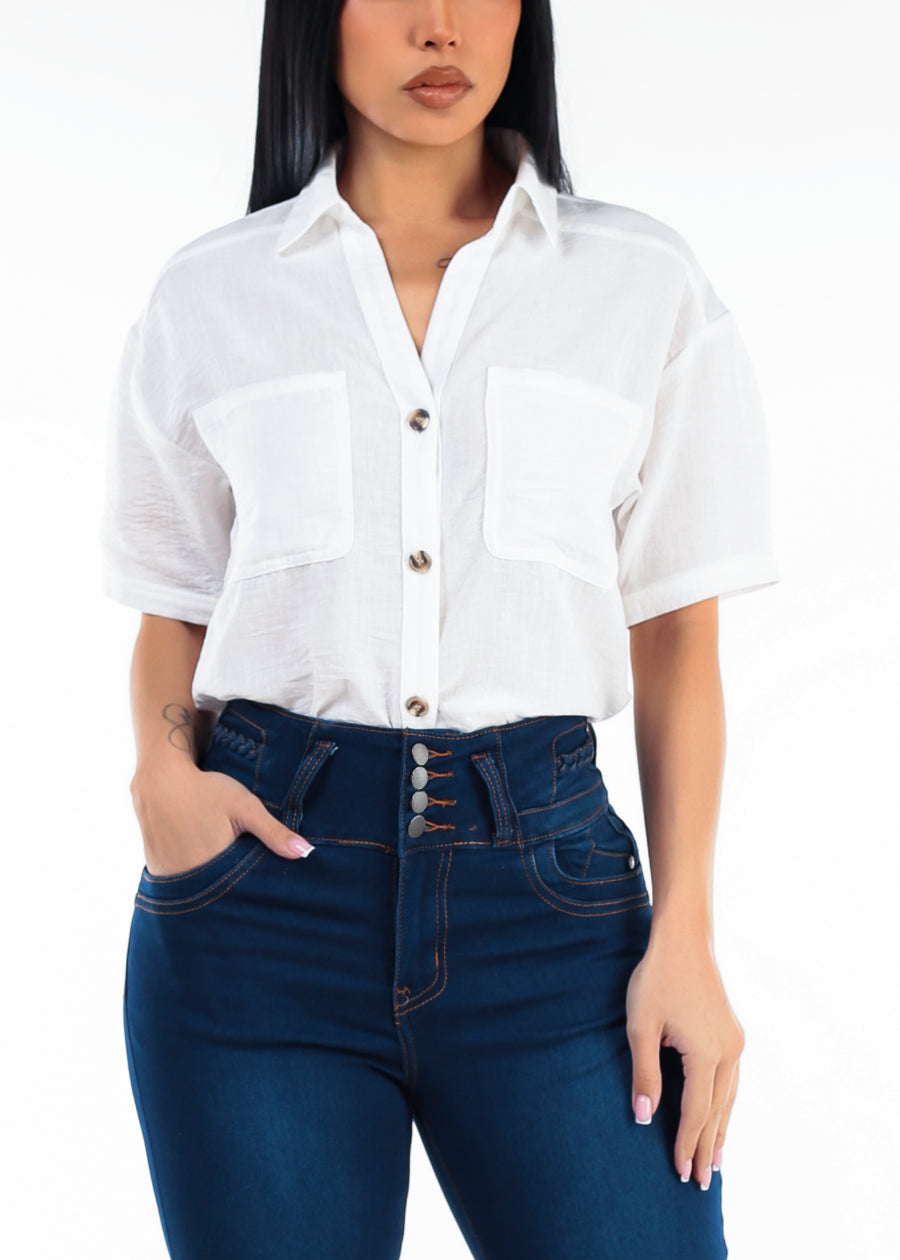 Short Sleeve Button Up Linen Style Blouse Off White