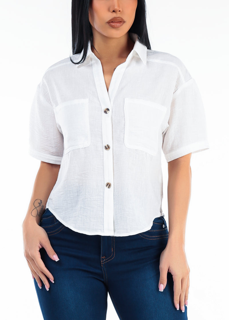 Short Sleeve Button Up Linen Style Blouse Off White