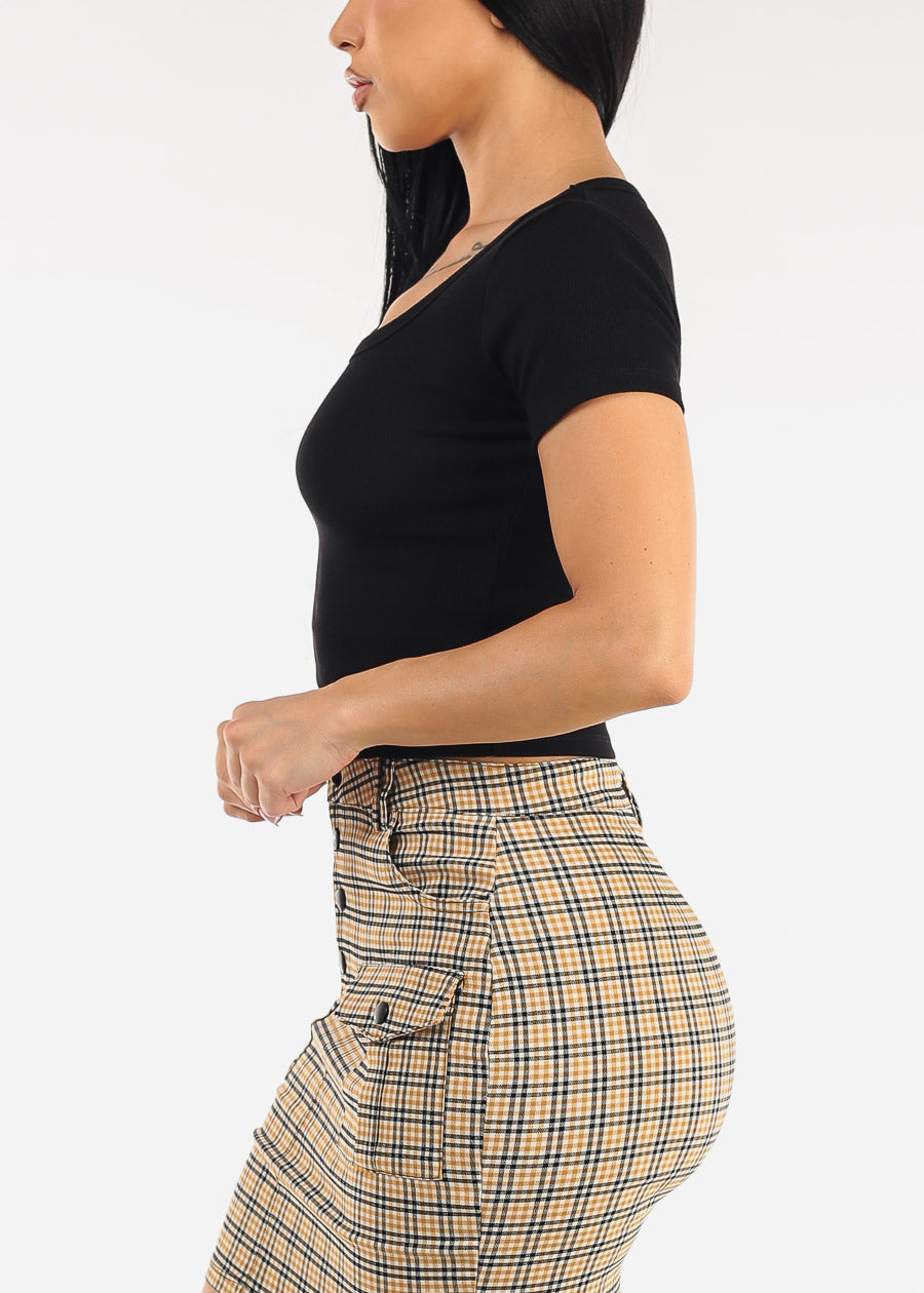Black Short Sleeve Round Neck Stretch Cotton Crop Top