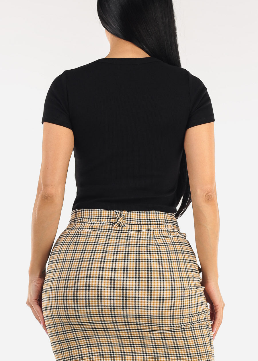 Black Short Sleeve Round Neck Stretch Cotton Crop Top