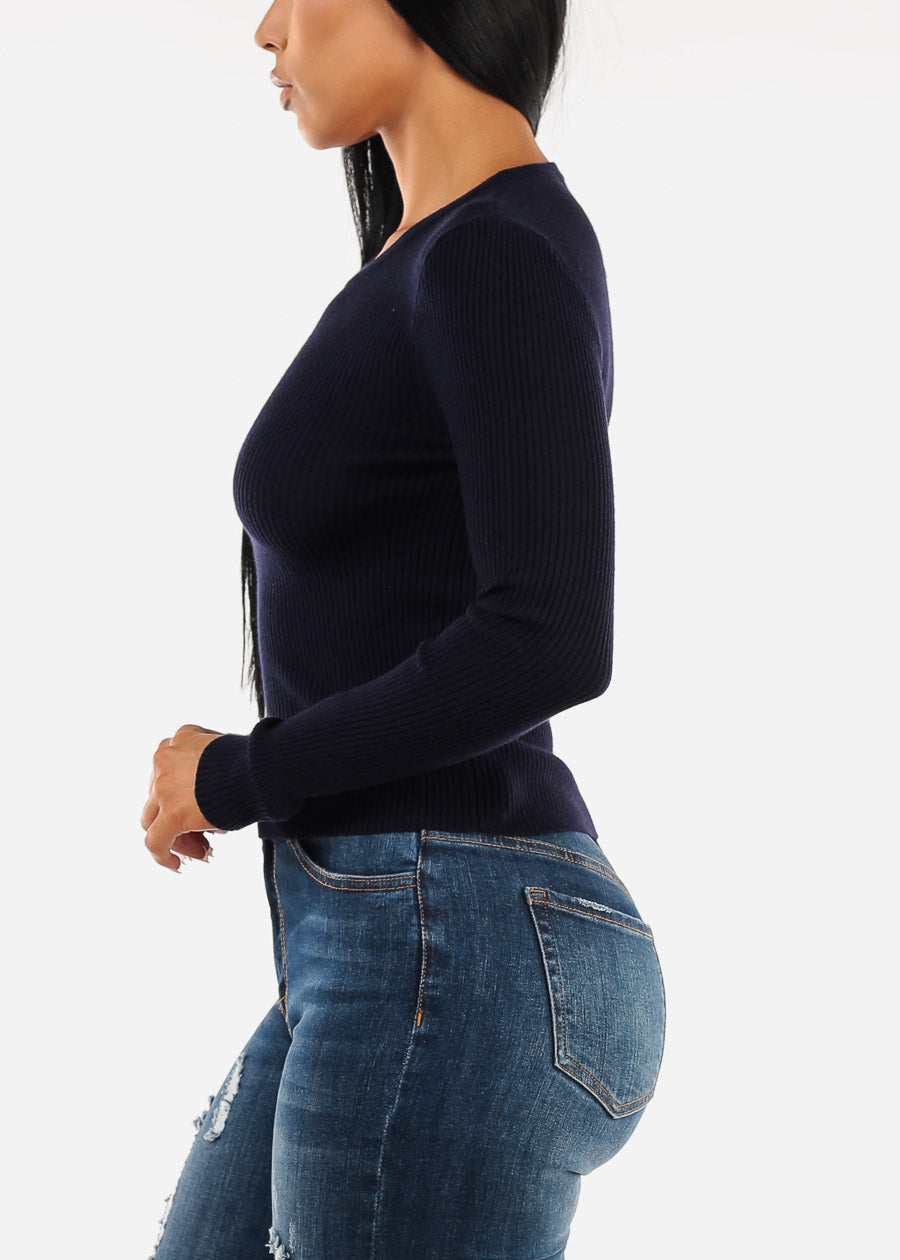 Long Sleeve Crewneck Ribbed Sweater Navy