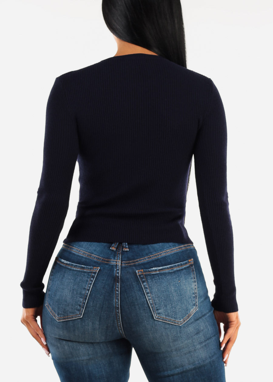 Long Sleeve Crewneck Ribbed Sweater Navy